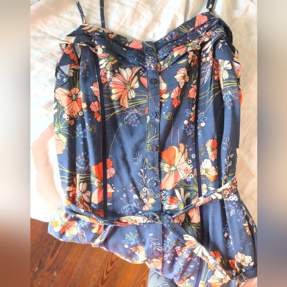 Lauren Conrad LC Sun Dress Women's Size 2 Floral Navy Coral Poppies XS Button Up